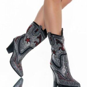 AZALEA WANG "GLISTENING DRAMA" RHINESTONE CHUNKY HEEL BOOTIE ( BRAND NEW !!! )
